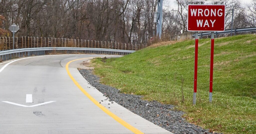 wrong-way sign on a rural road in Georgia