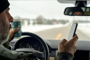 A driver distracted with a cup and phone in his hand. 