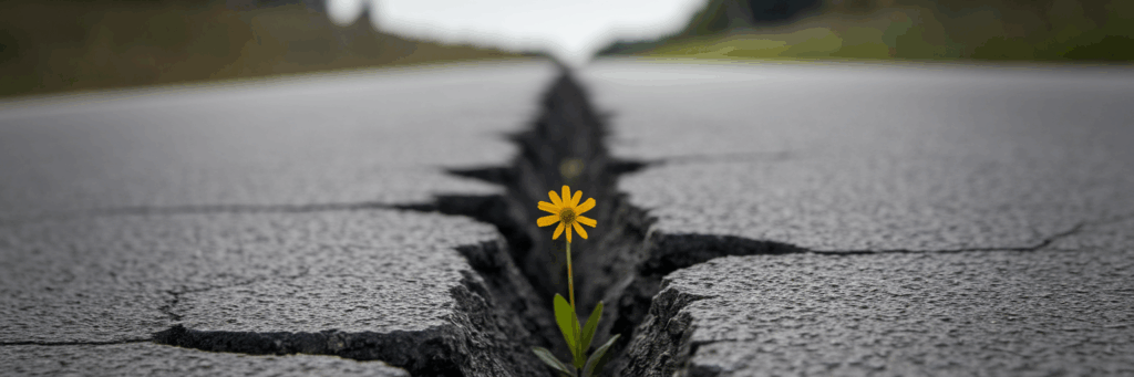 Wildflower growing through cracked pavement.