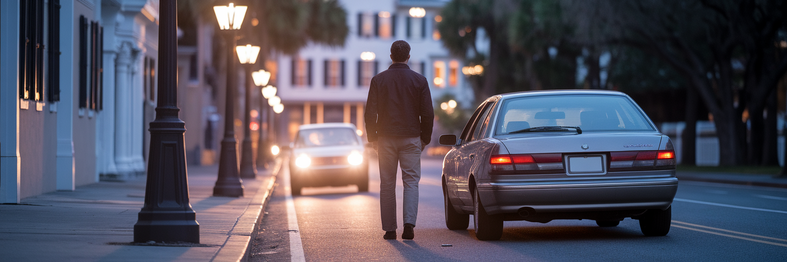 Driver standing by damaged car after charleston hit-and-run.