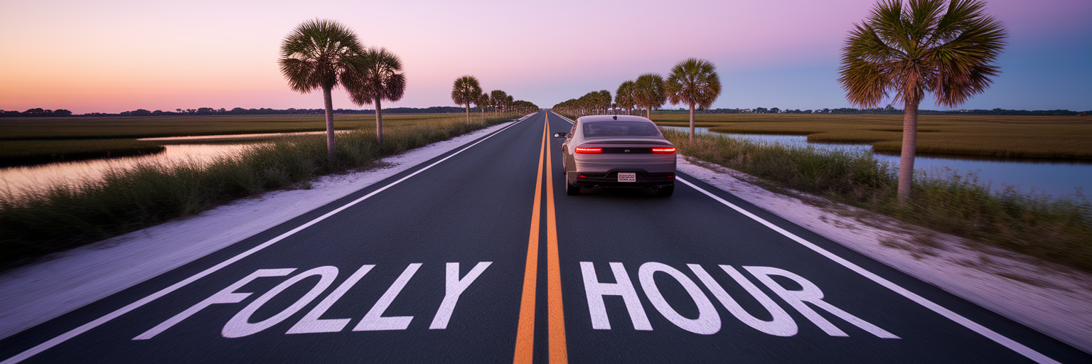 Scenic drive on folly road at sunset.