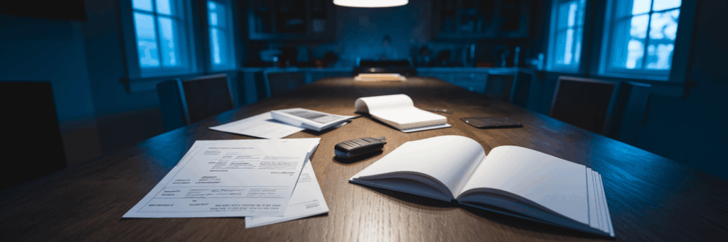 Overwhelming paperwork on a table after a car accident.