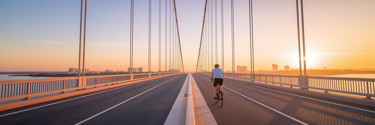 Cyclist riding on ravenel bridge at sunrise.