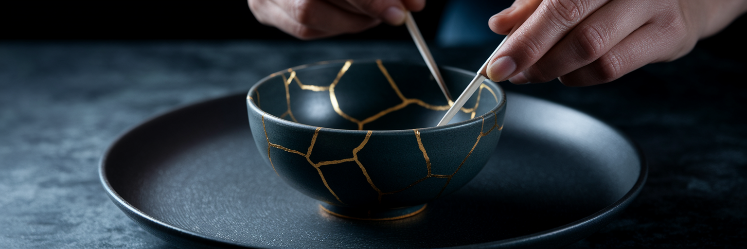 Ceramic bowl repaired with gold lacquer.
