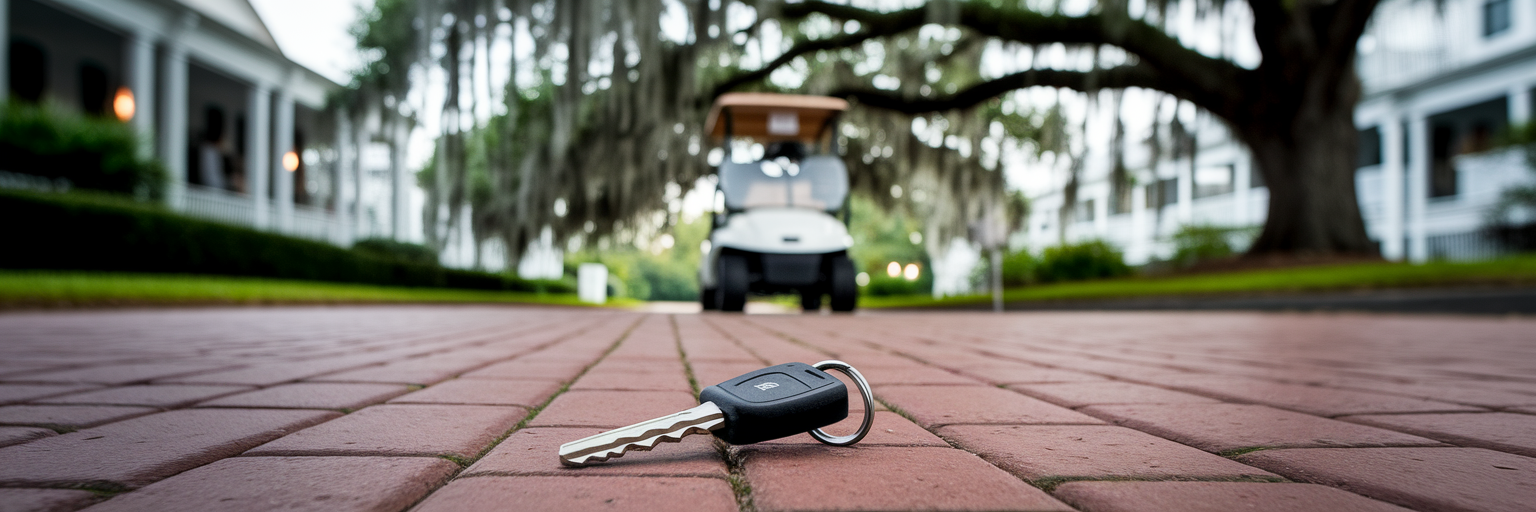 Golf cart keys on a charleston community path.
