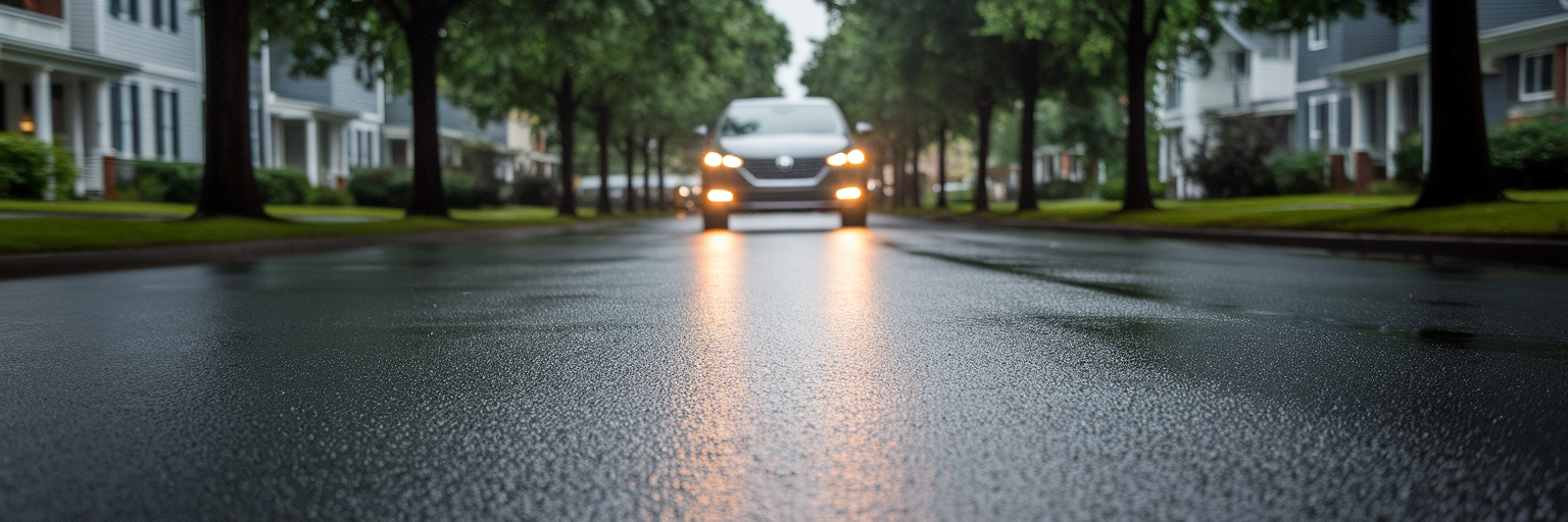 Car with hazard lights on rainy street.