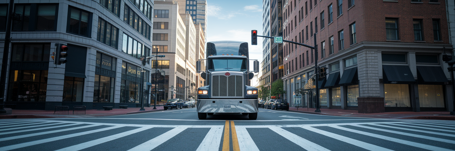 Large commercial truck at city intersection.