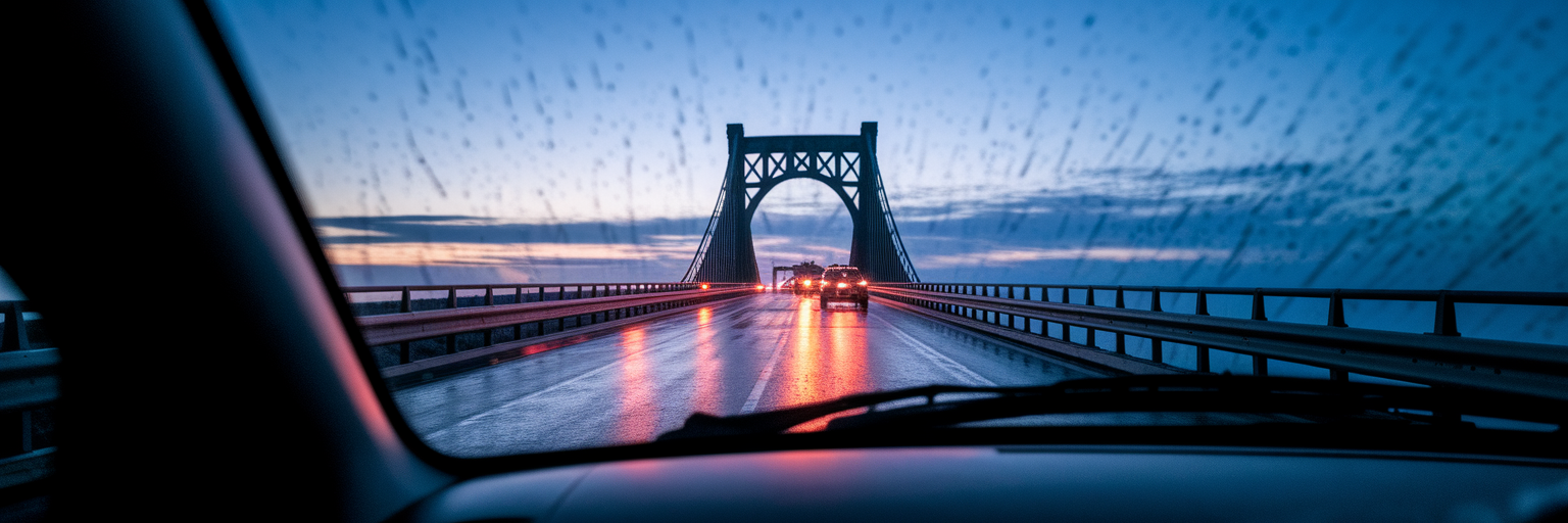 View of charleston bridge from car.