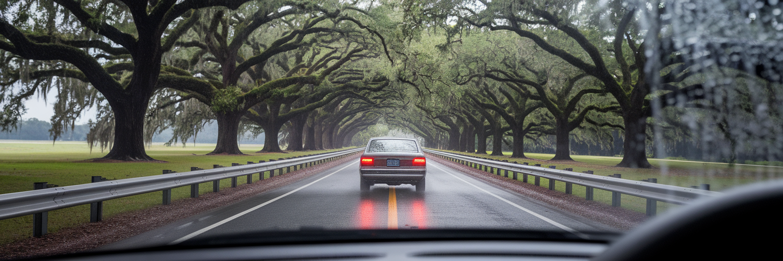 Car stopped suddenly on scenic charleston road.