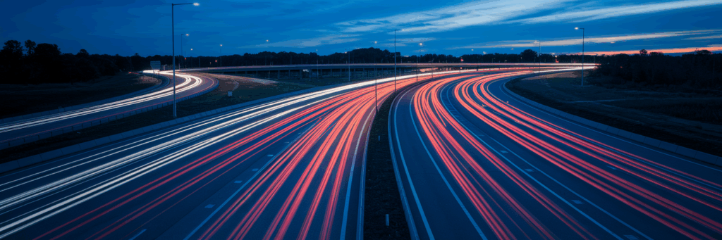 Complex highway interchange in Columbia SC at dusk.