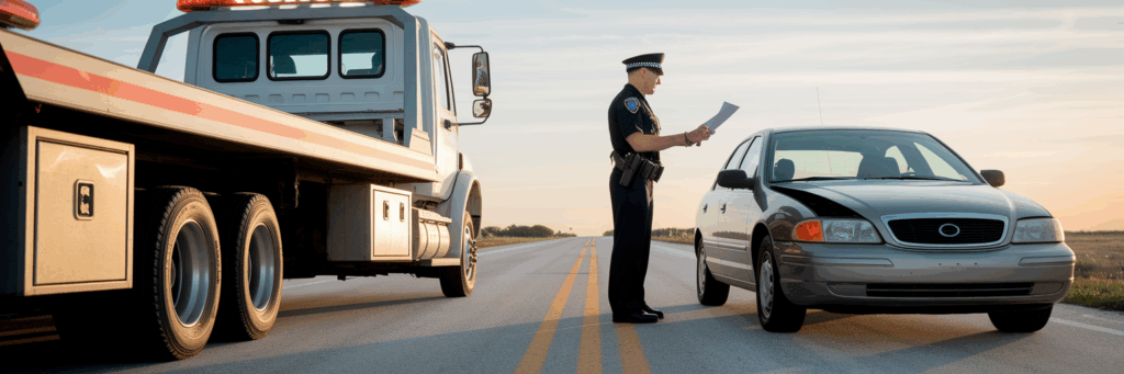 Tow truck at Myrtle Beach accident scene.