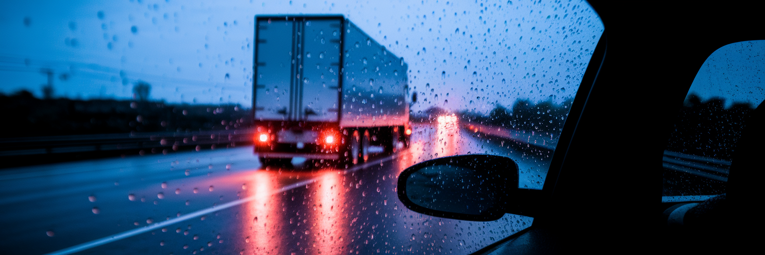 View of truck taillights through rainy window.