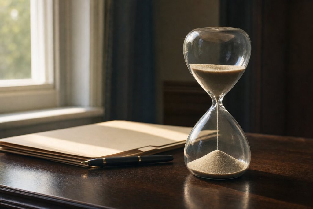 An hourglass with sand running through it beside a closed legal file folder and a fountain pen on a desk.