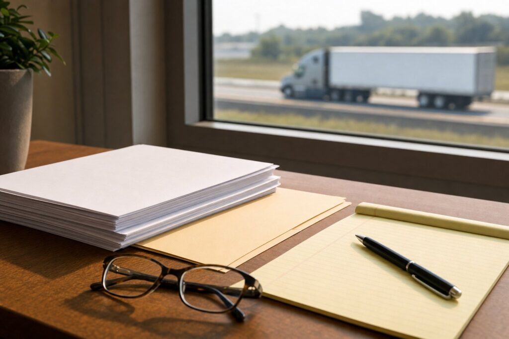 A stack of documents, a manila folder and a legal pad on a desk, with a tractor-trailer passing on the highway outside the window.